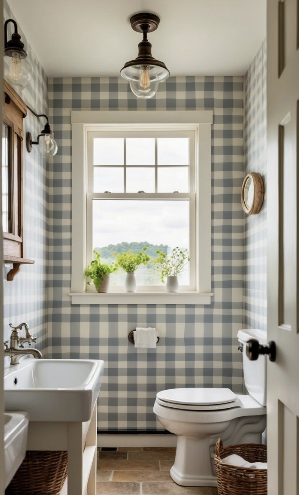 Blue gingham wallpaper in bathroom with cozy home decor accents.