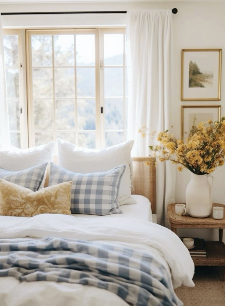 Blue gingham bedding with yellow accents in a cozy bedroom.