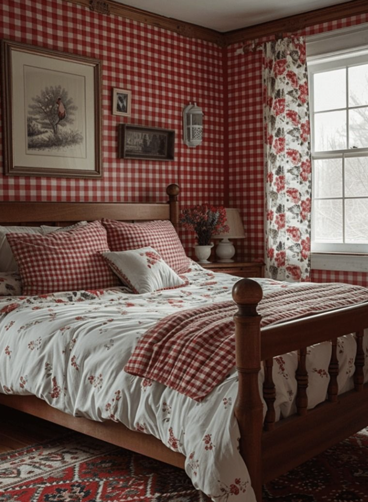 Decorating with gingham in a cozy cottage bedroom with red gingham wallpaper and bedding.