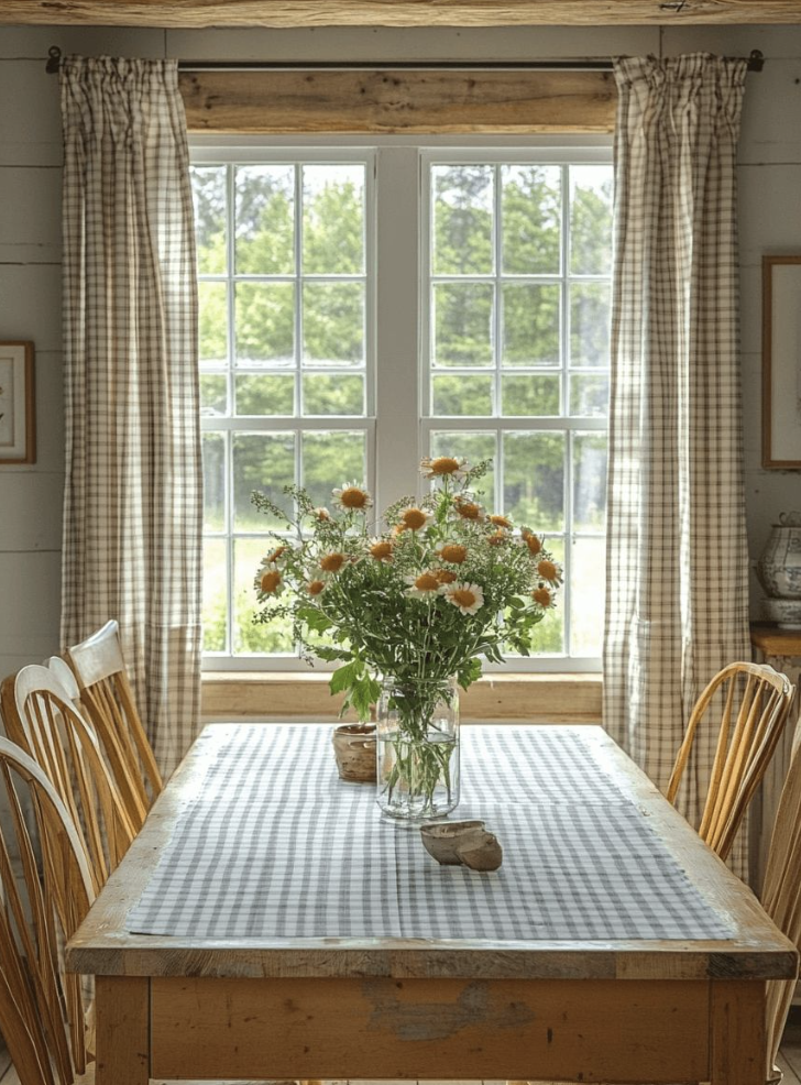 Gingham home decor accents in a country kitchen with a vase of fresh flowers on a kitchen table.