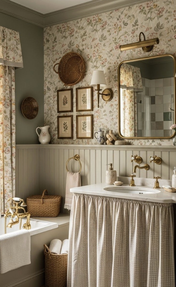 Brown gingham sink skirt in a bathroom with floral wallpaper.