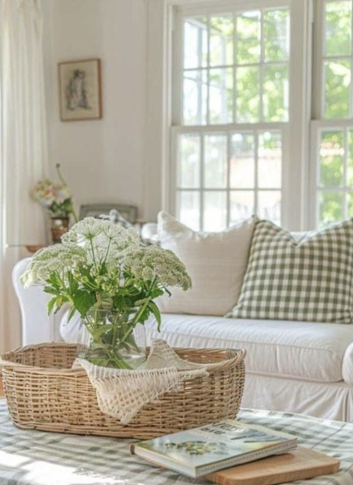 Gingham throw pillows in cozy cottage living room with a basket filled with flowers.