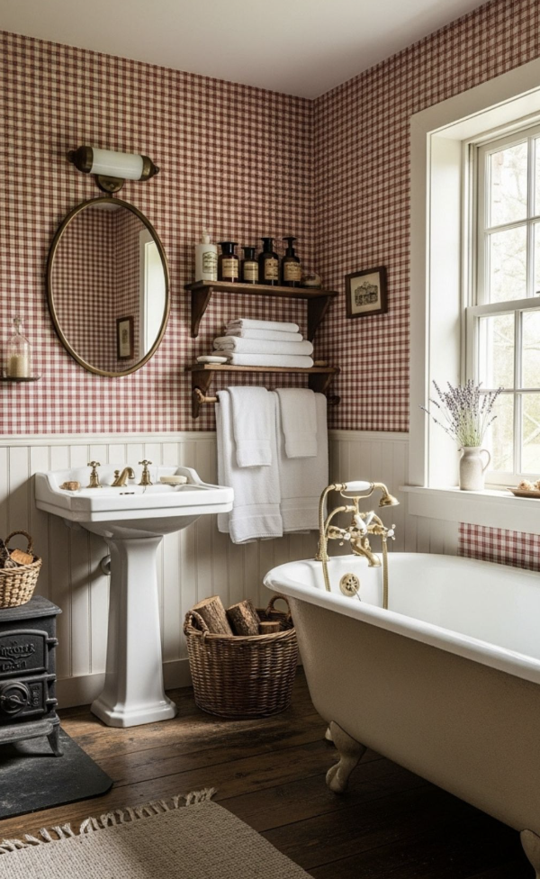 Decorating with gingham with red gingham wallpaper in a country bathroom.