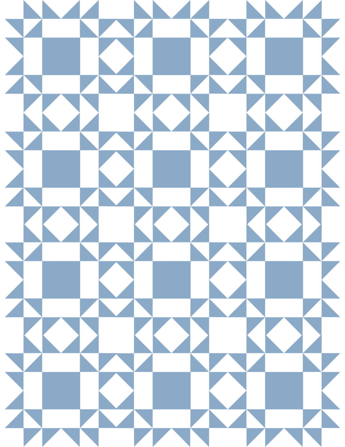 Geometric shapes made to look like a blue and white quilt.
