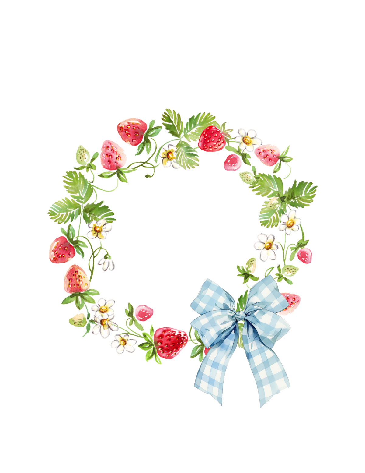 Daisy and strawberry summer wreath with a blue gingham bow.