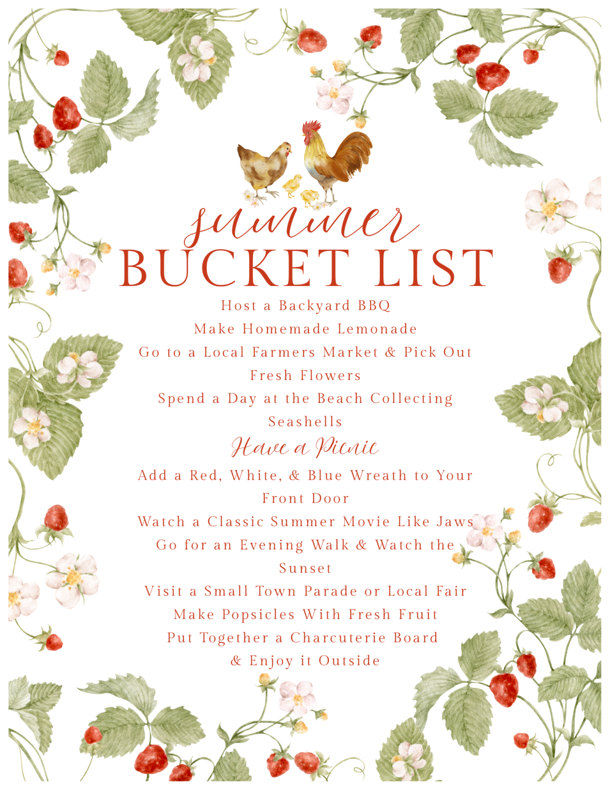 Summer bucket list checklist with strawberries and chickens.