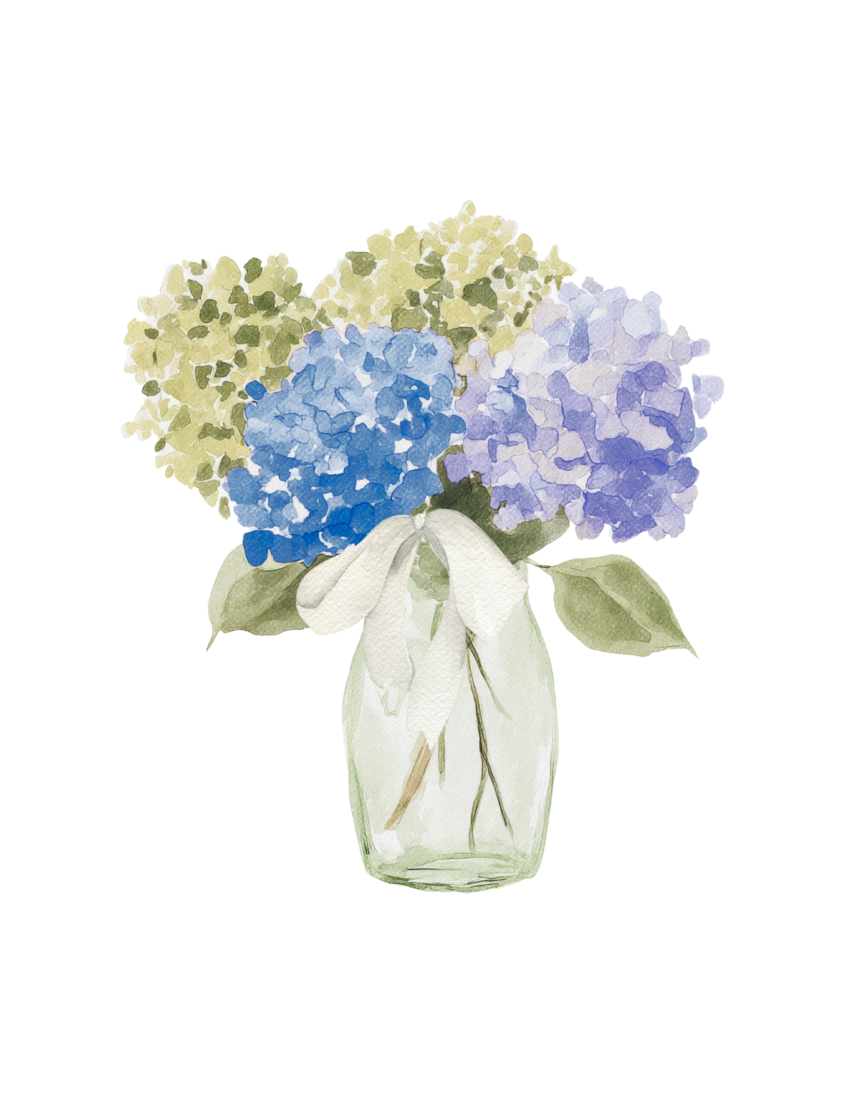 Blue and green hydrangea stems in a glass vase with a white bow.