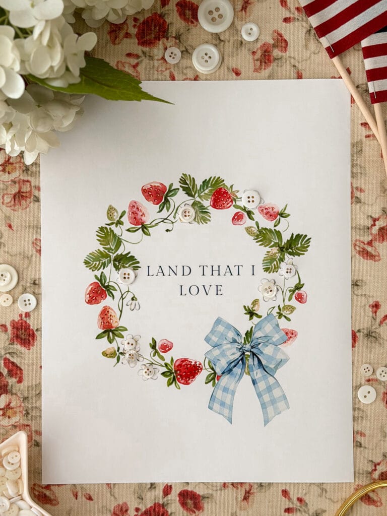 Printable wreath embellished with white buttons for easy summer decor.