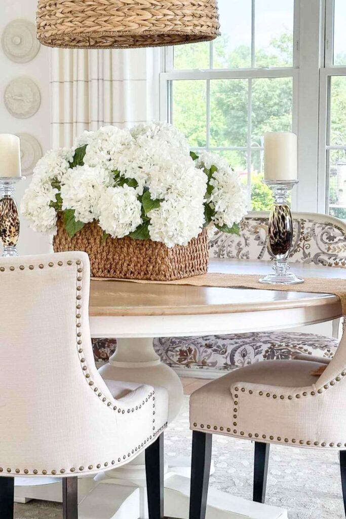 Weekly Wednesday Wish List #253 StoneGable dining room with a basket of hydrangeas.