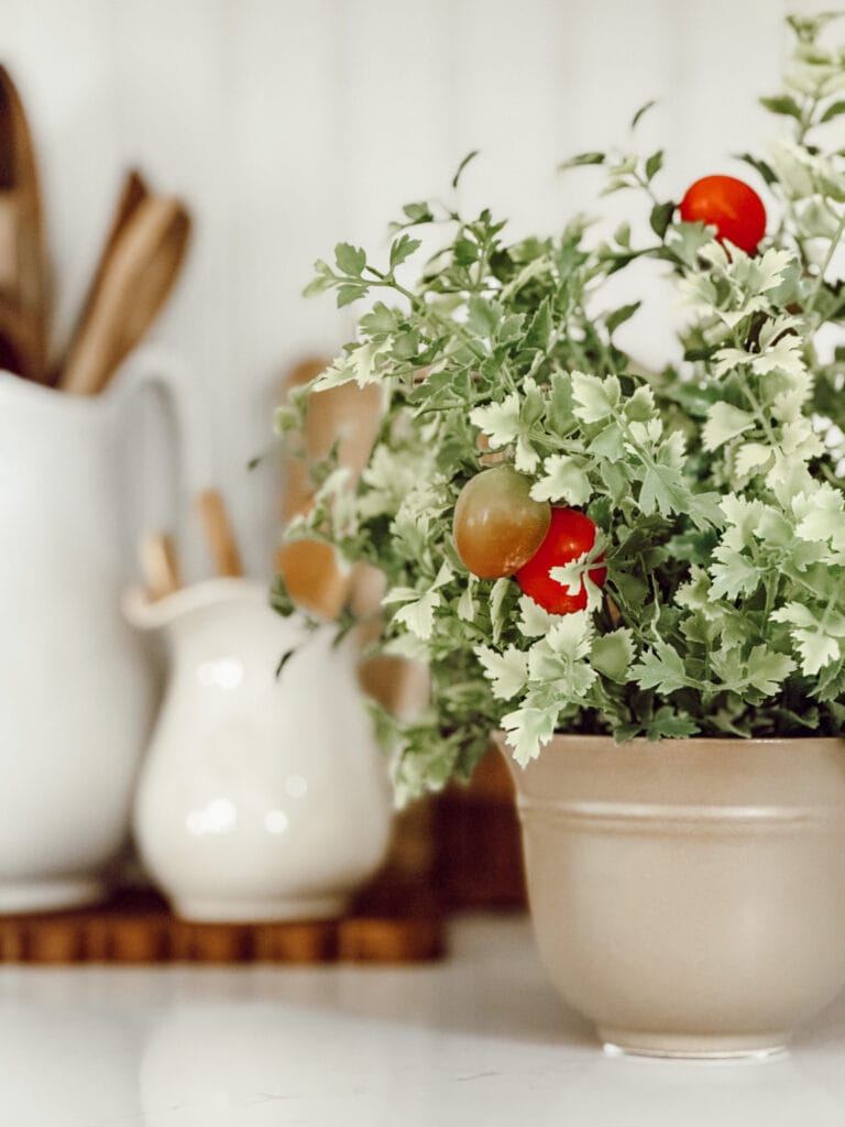 Weekly Wednesday Wish List #253 Eleanor Rose Home kitchen countertop with a faux tomato plant.