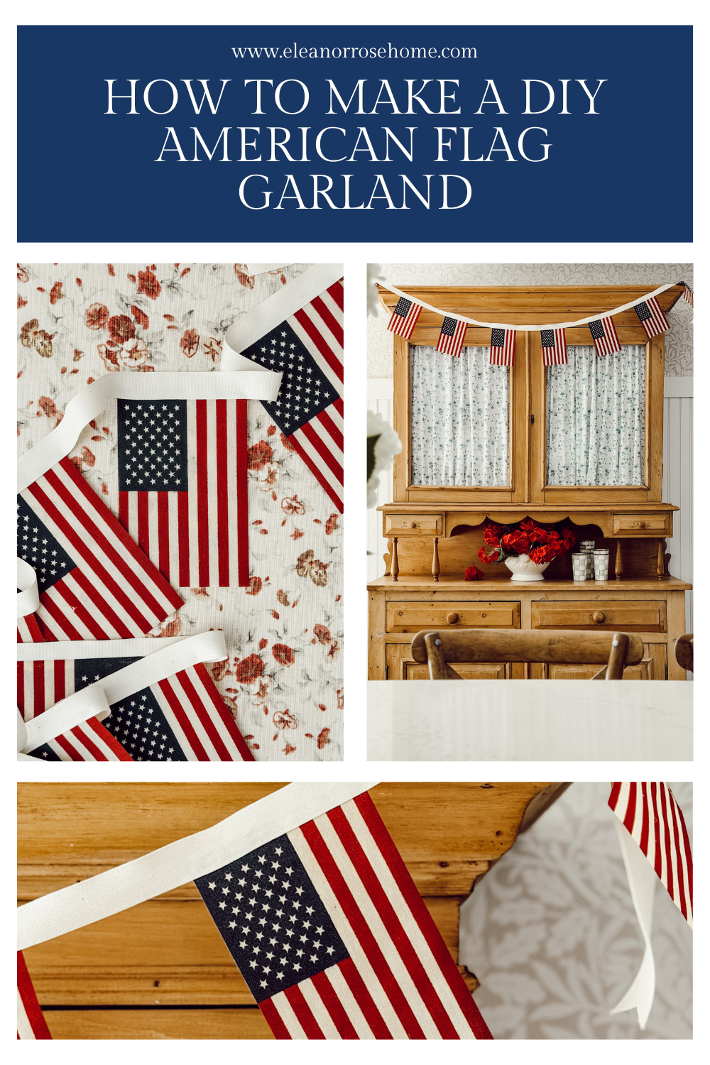 Pinterest graphic how to make a DIY American flag garland for 4th of July.