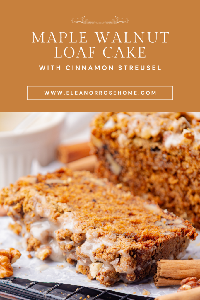 Pinterest graphic maple walnut coffee cake with cinnamon streusel recipe.