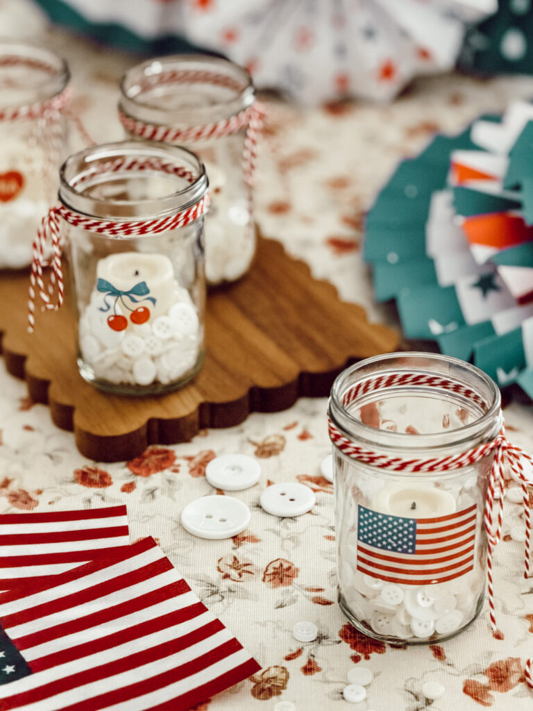 Fourth of July glass jar votive for summer parties or July 4th tablescapes.