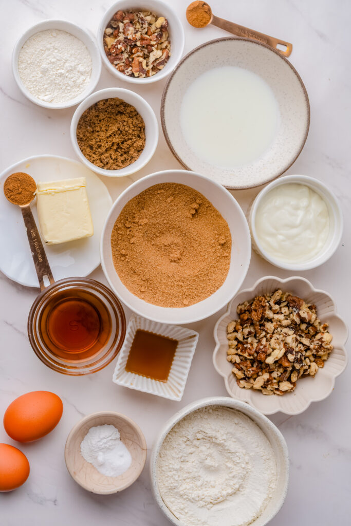 Simple ingredients to make a maple cinnamon coffee cake.