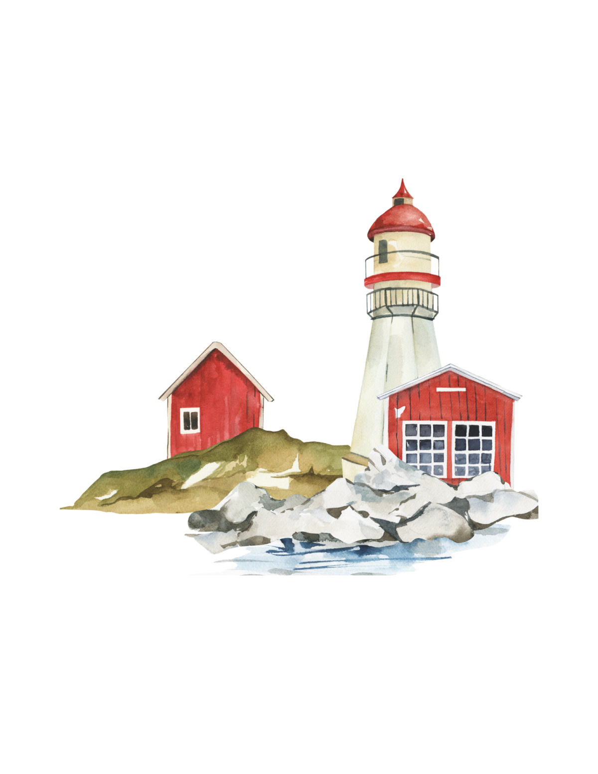 Lighthouse with red house on rocks next to the ocean printable wall art.