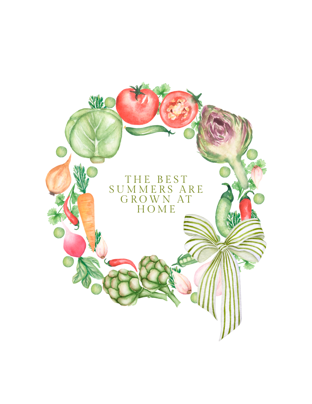The best summers are grown at home quote inside a wreath made of fresh vegetables.