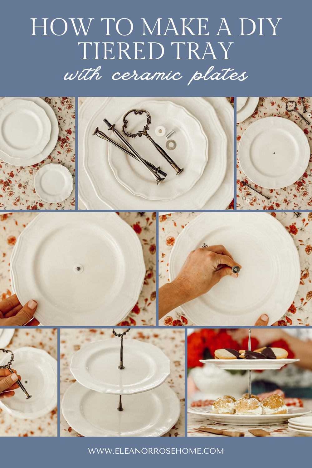 Pinterest graphic how to make a DIY tiered tray with ceramic plates.