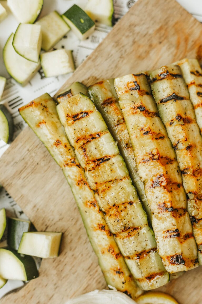 Grilled marinated zucchini squash recipe with fresh zucchini, garlic, lemon juice, honey, and olive oil.