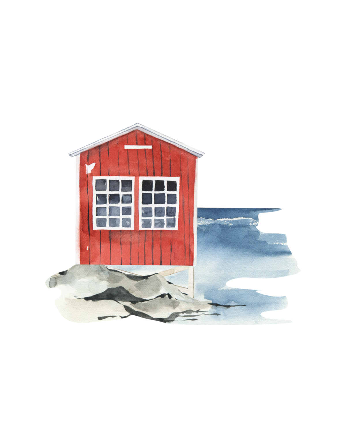 Small red house on the rocks next to the ocean wall art design for summer decorating.
