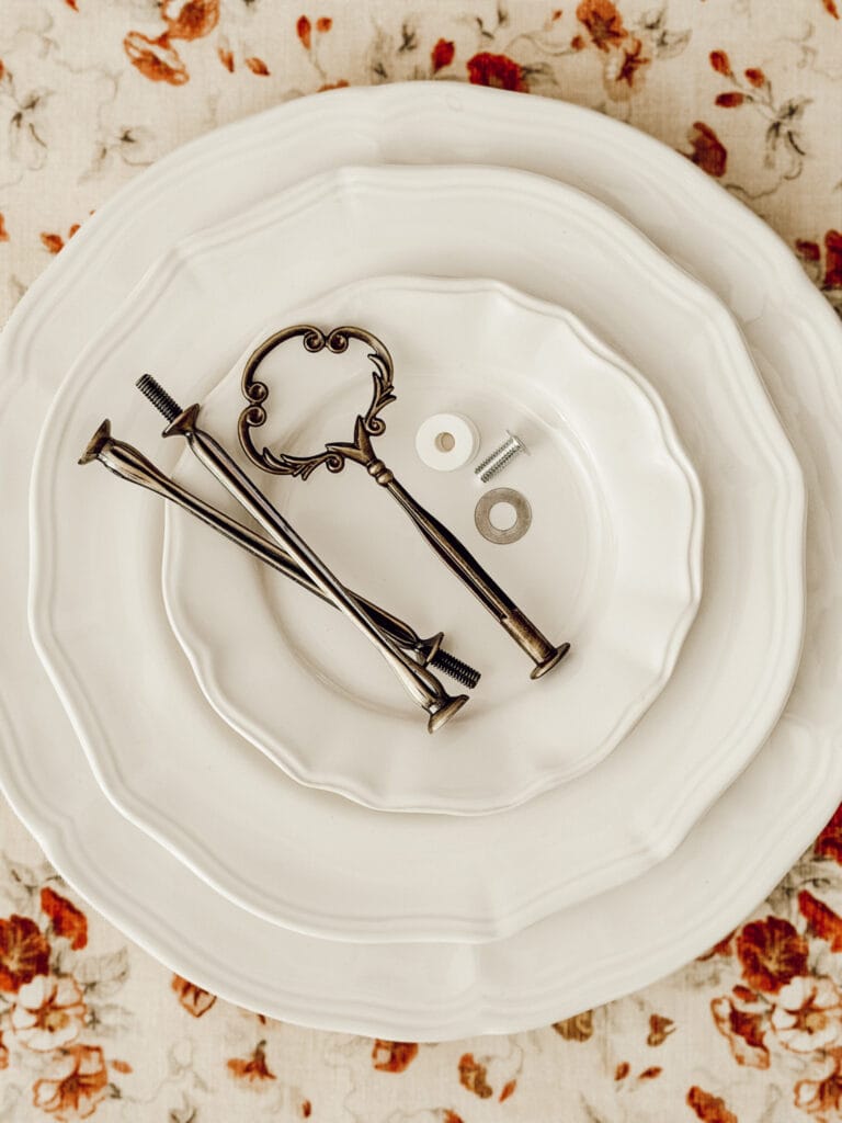 The simple supplies you'll need to make your own tiered cake stand at home.