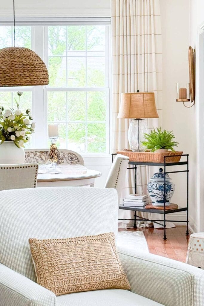 Weekly Wednesday Wish List #262 StoneGable blog living room with accent chair and throw pillow.