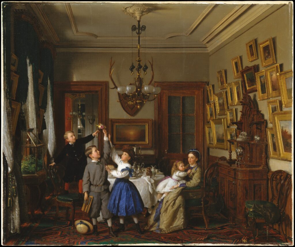 English-born artist Guy settled in New York City in 1854. In this lively domestic scene, commissioned by the financier Robert Gordon, three children vie for a small corsage while a fourth seeks comfort in her mother’s lap.