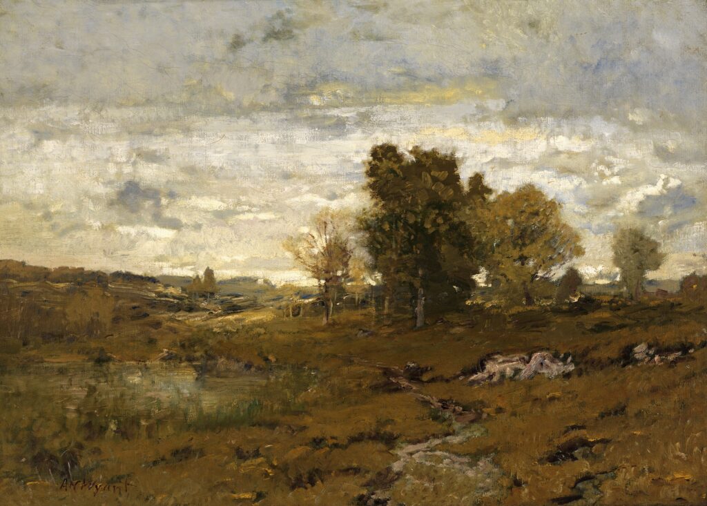 Autumn landscape vintage watercolor artwork. Painted by Alexander H. Wyant.