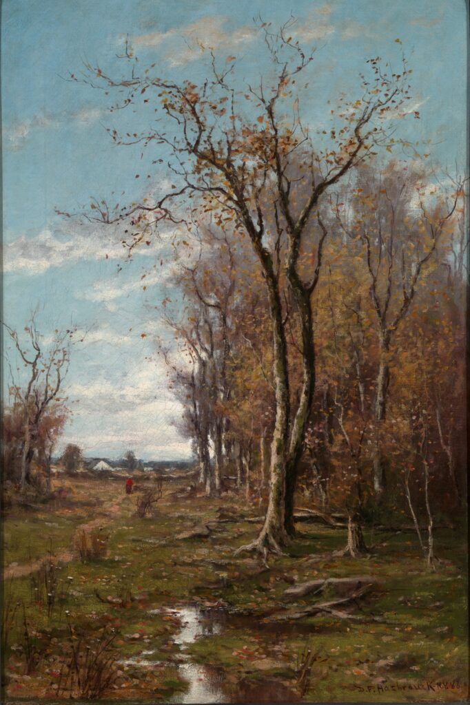Autumn landscape with bare trees and a small stream. Painted by Du Bois Fenelon Hasbrouck.
