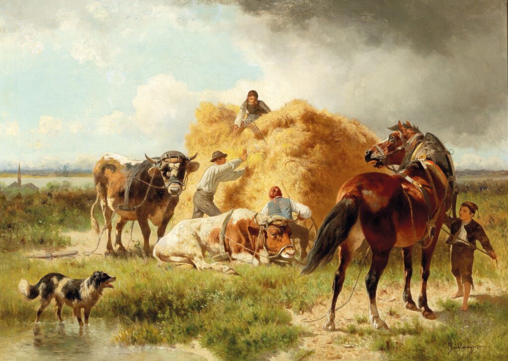 Fall harvest scene with man harvesting wheat with horses and a dog.