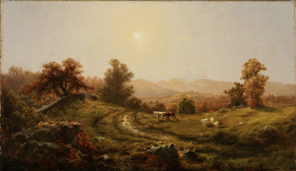 Cows in a field in October vintage art print for fall decor. Painted by Charles Herbert Moore.