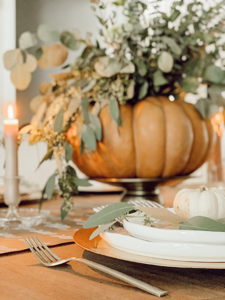 DIY pumpkin centerpiece for fall get-togethers or Thanksgiving dinner.