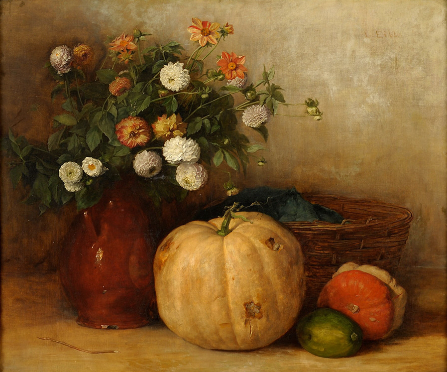 Fall flowers, pumpkins, and gourds vintage artwork.