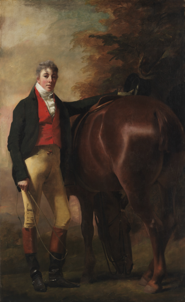 Dashing in his snugly fitting riding clothes, the sitter of this portrait was the scion of a wealthy banking family. Married at age seventeen, he later “ruined his life by gambling and dissipation,” according to a family historian, and abandoned his wife and children. In depicting Drummond as a paragon of landed masculinity, Raeburn drew on the longstanding tradition of equestrian portraits