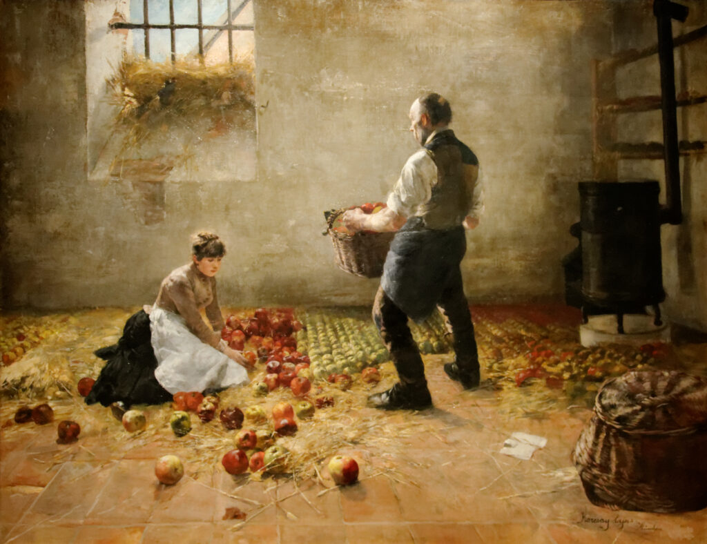 Free fall vintage art prints include this man and woman collecting apples.