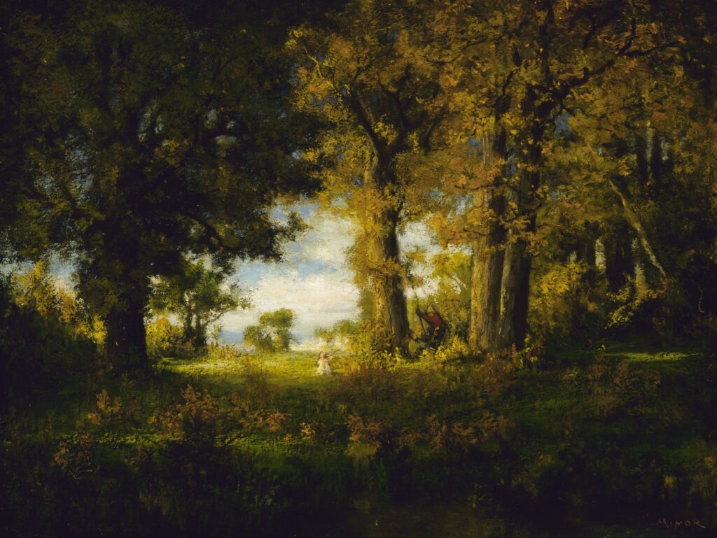 October in the woods with a man on a swing. Painted by Robert C. Minor.