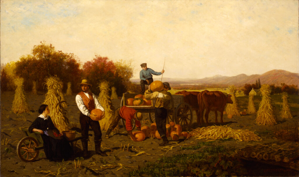 John Whetten Ehninger captured the clear atmosphere and brilliant colors of the harvest season. Golden light reflects off of the trees and fields, suffusing the soft clouds above with a comforting glow.