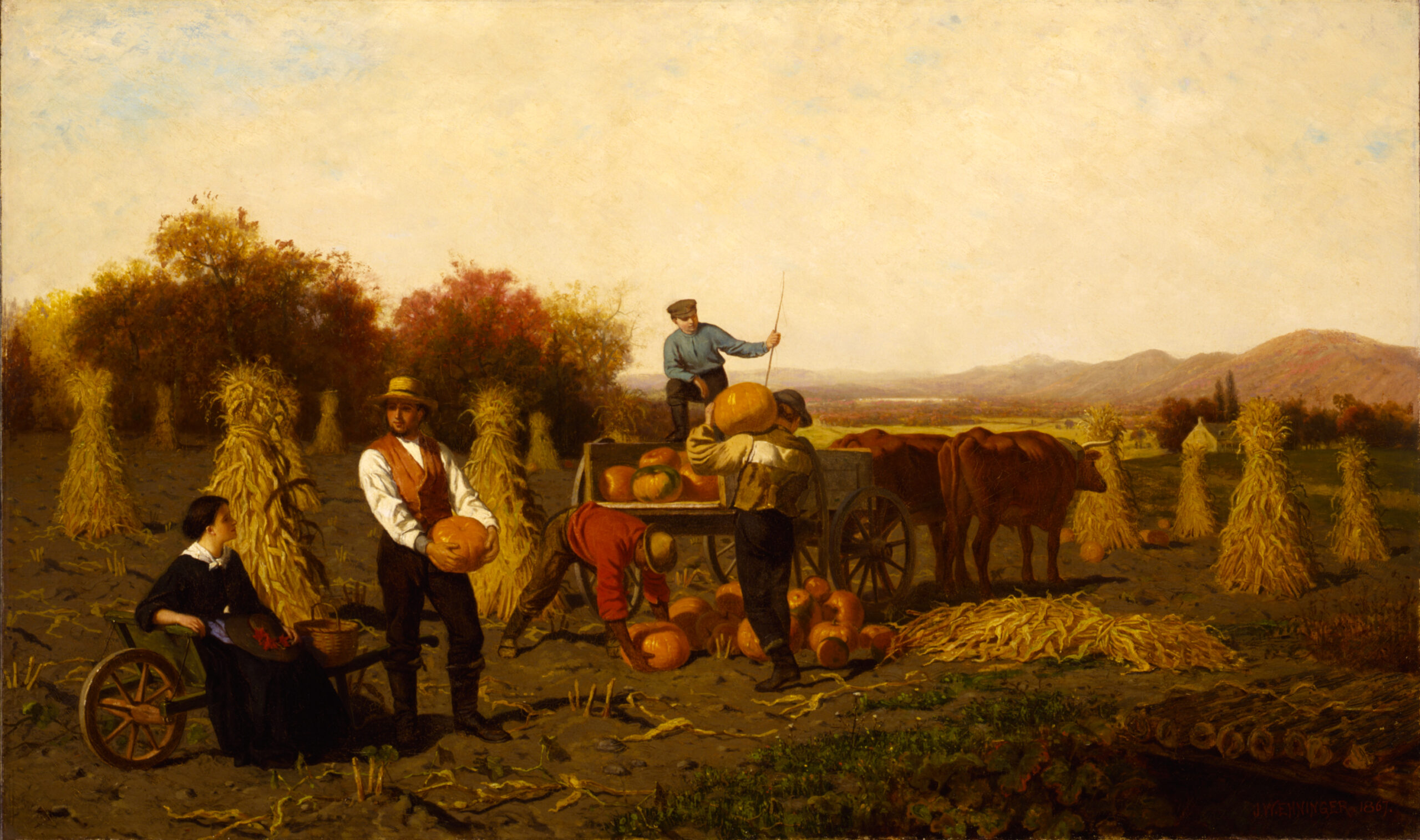 John Whetten Ehninger captured the clear atmosphere and brilliant colors of the harvest season. Golden light reflects off of the trees and fields, suffusing the soft clouds above with a comforting glow.