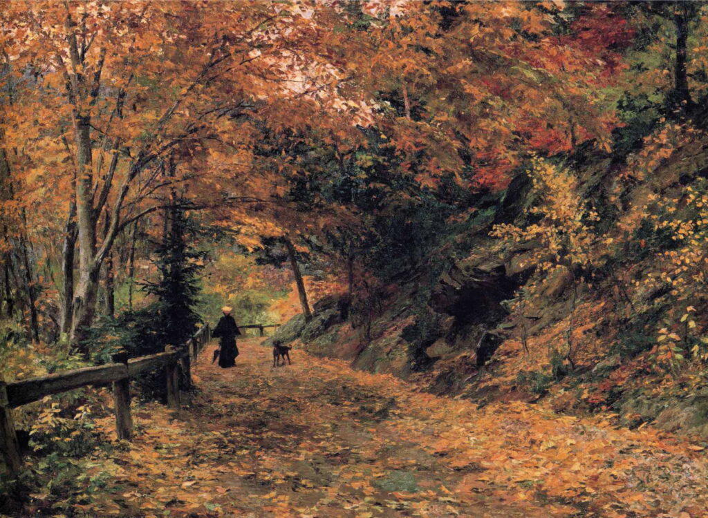 Olga Wisinger Florian painting of falling leaves on a walking trail.