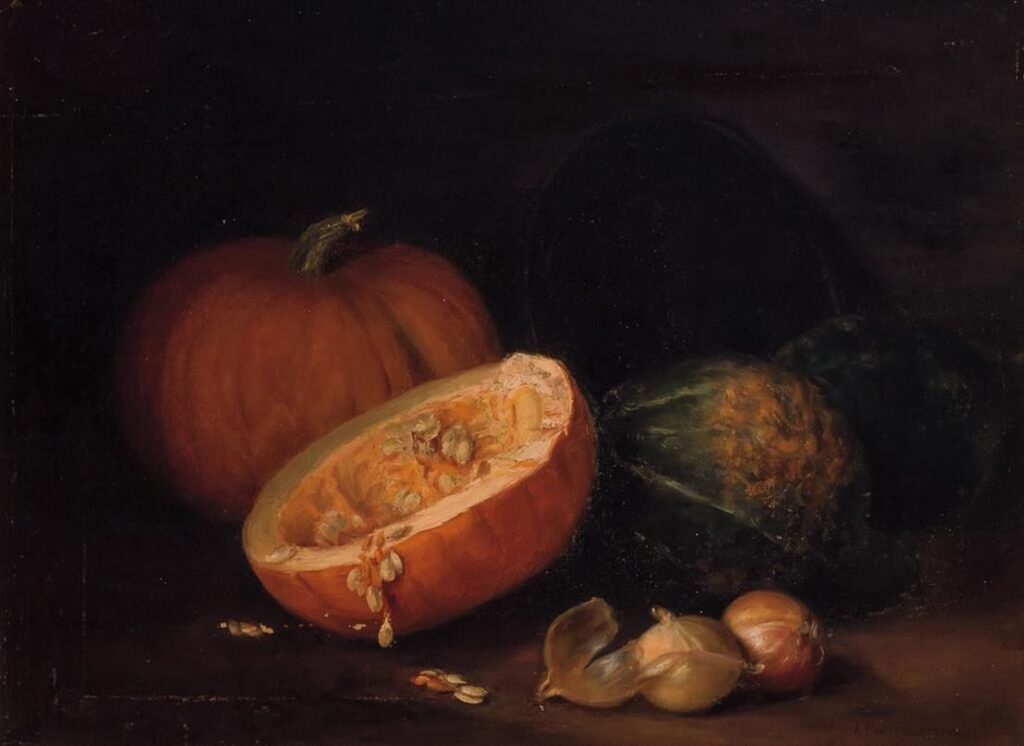 Open pumpkin with onions on a counter and a gourd in the background.