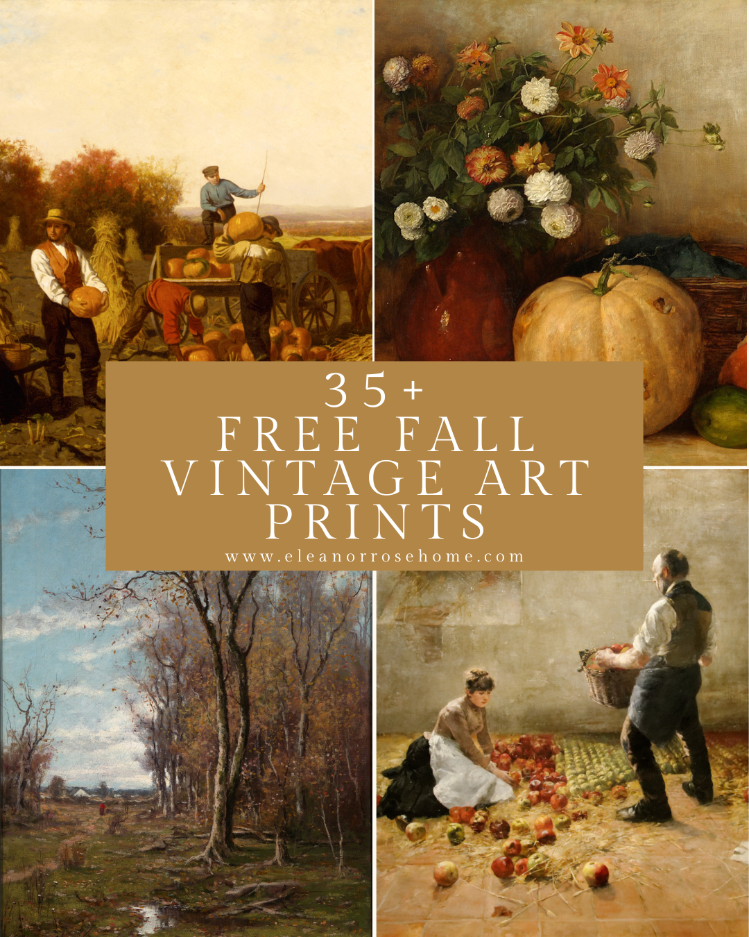 Pinterest graphic 35+ free fall vintage art prints for cozy autumn decorating.