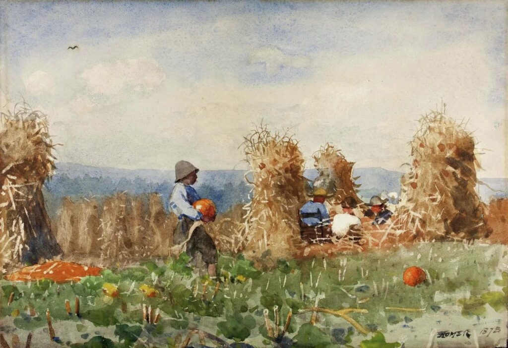 Vintage painting by Winslow Homer of a little boy in a pumpkin patch.