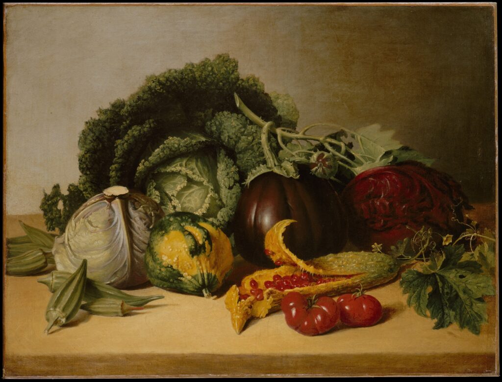 This painting dates from a peak period of James Peale's career. While he typically used somber colors and linear forms, his use of vivid colors and painterly execution in this work suggest that it is a somewhat experimental exercise. With its focus on lavish vegetable forms, this work resembles still lifes of the Spanish school. The vegetables are, from left to right, okra, blue-green cabbage, crinkly Savoy cabbage, Hubbard squash, eggplant, balsam apple, tomatoes, and purple-red cabbage.