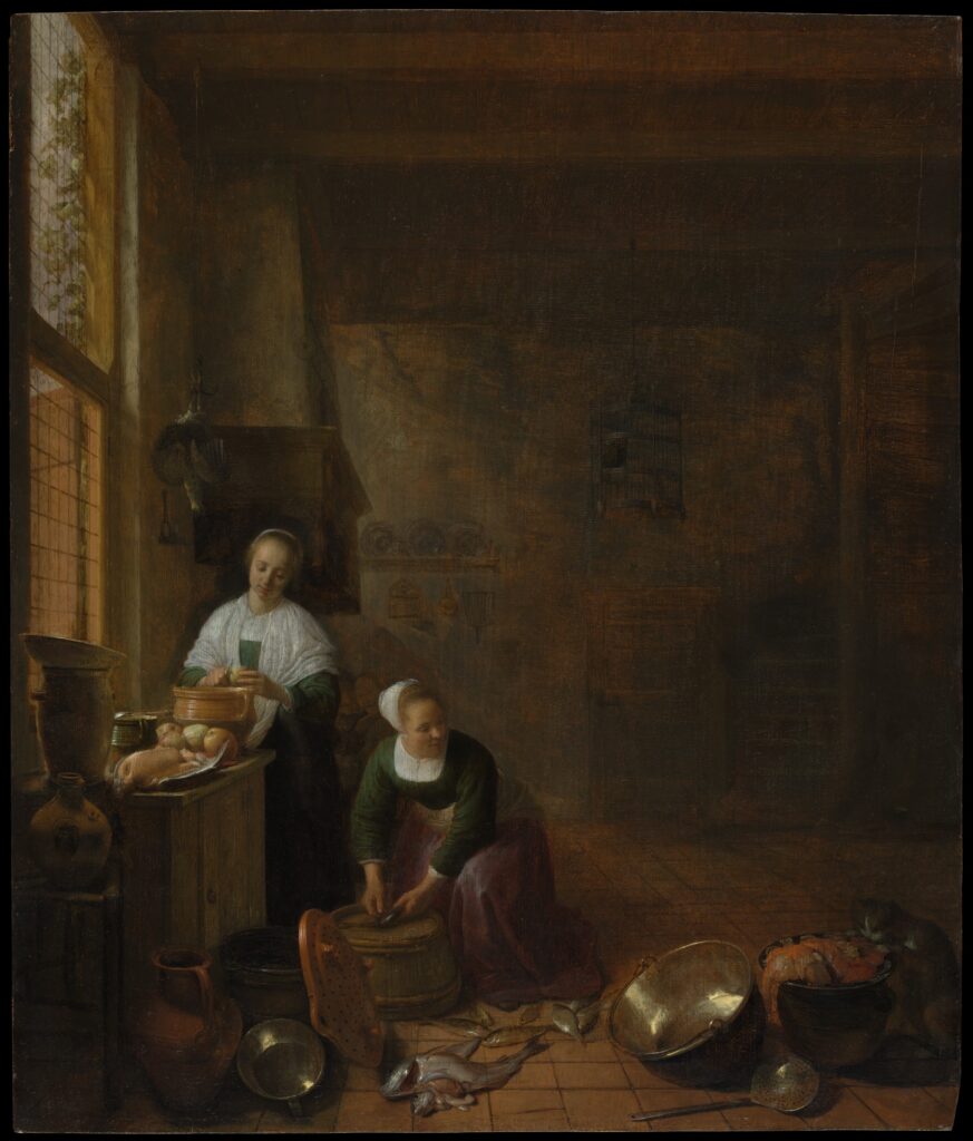 In this painting, Sorgh inflects a domestic scene with the art of still life. Two maids clean fish and peel vegetables in the foreground, surrounded by gleaming brass and earthenware.