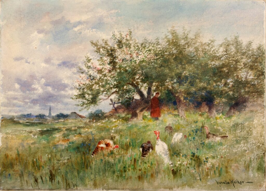 A woman watching the turkeys in a red cloak in an English countryside. Painted by Horatio Walker.