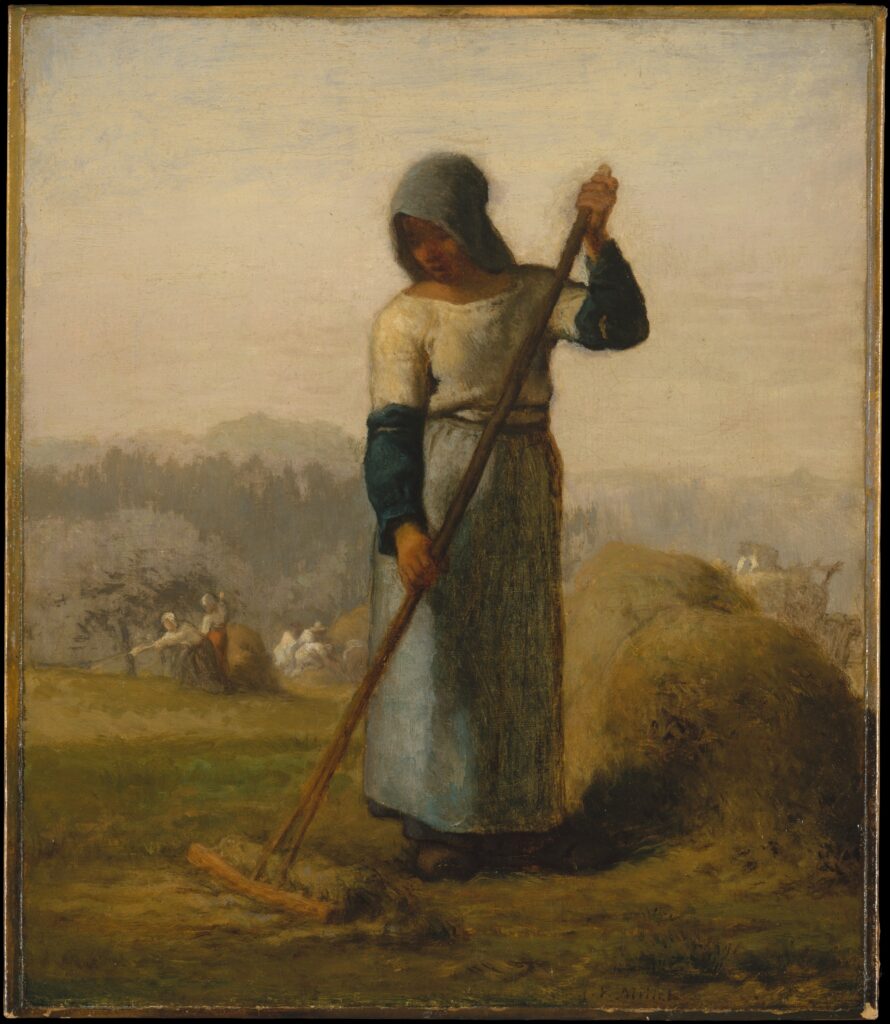 Millet first treated this subject in a woodcut, one of ten in the series Labors of the Fields that were published in a popular periodical in 1853.