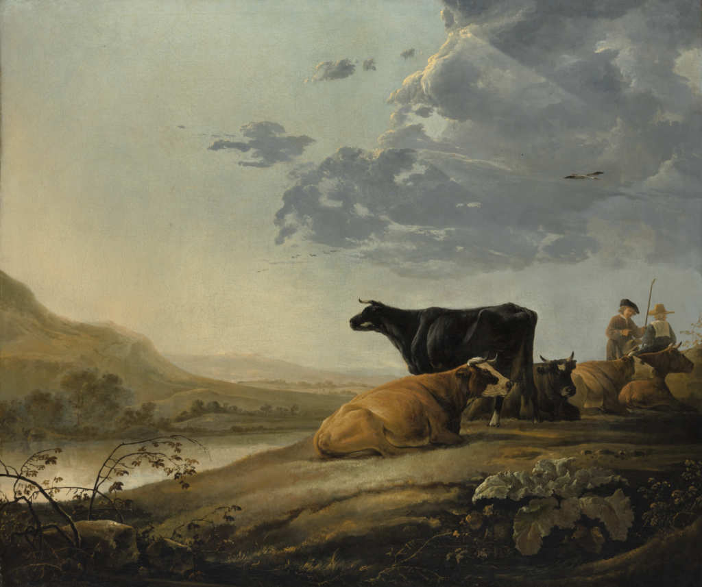 Sun-streaked clouds scudding across the sky dominate this placid landscape, a classic example of the luminous style that made Cuyp a beloved artist among eighteenth- and nineteenth-century collectors. Based on studies made in nature, the painting is nonetheless a studio confection. Resting livestock and agrarian laborers appear as timeless parts of the landscape in a reassuring vision for the landowning collectors able to display such a monumental scene.
