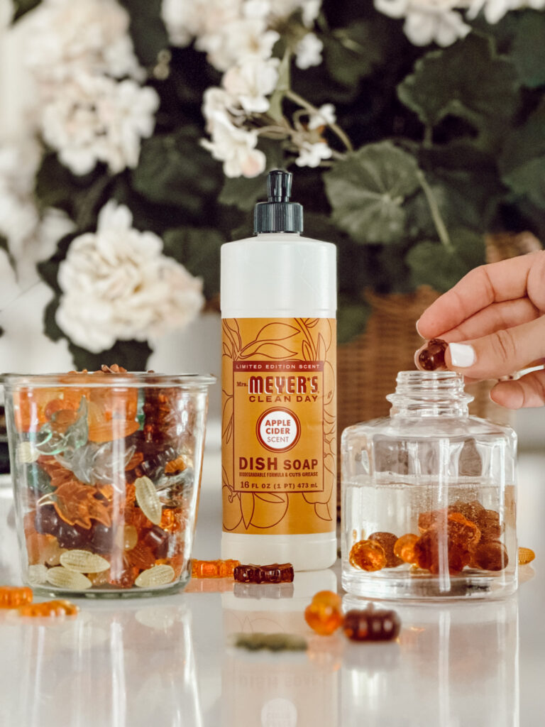 DIY fall soap dispenser for cozy autumn decorating in the bathroom or kitchen.