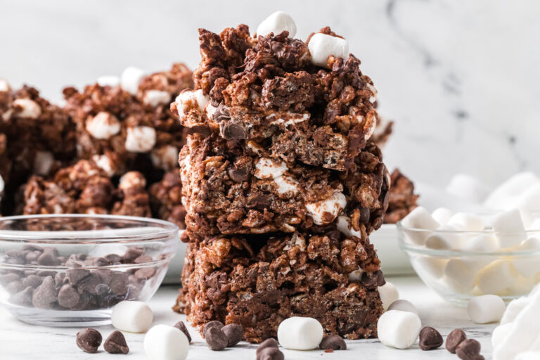 Hot cocoa Rice Krispie treats made with hot chocolate mix, mini marshmallows, and chocolate chips.
