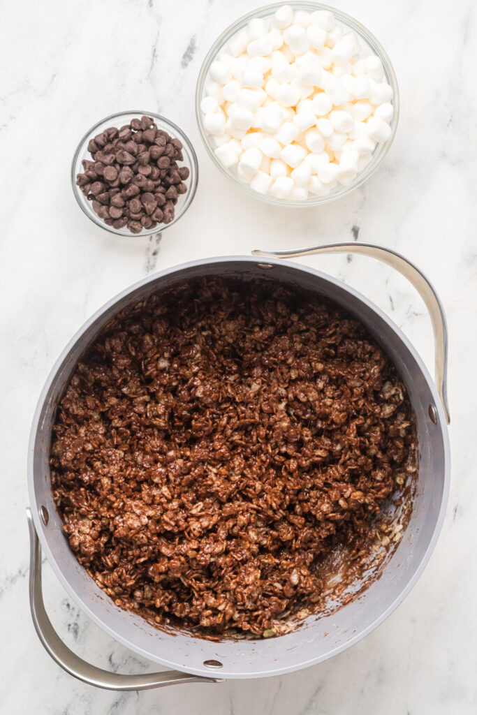 Hot cocoa Rice Krispie treats mixture before pressing it into a baking pan.