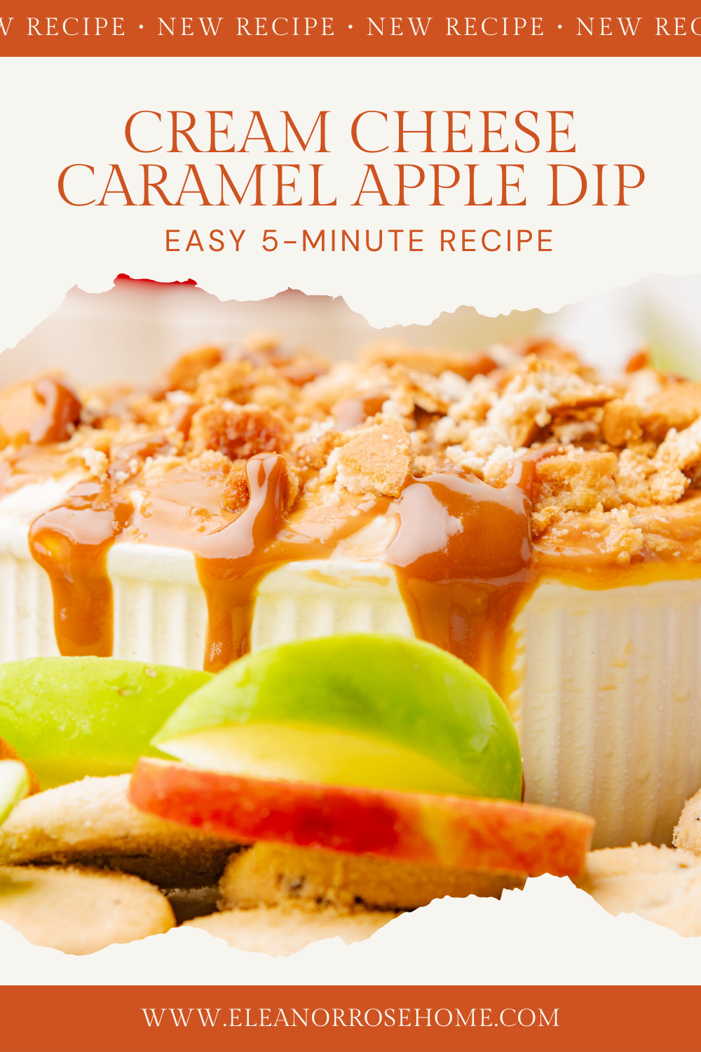 Pinterest graphic cream cheese caramel apple dip easy 5-minute recipe.